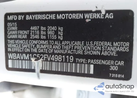 2015 BMW X1 Sdrive28I z USA, uszkodzony, nr VIN WBAVM1C52FV498119